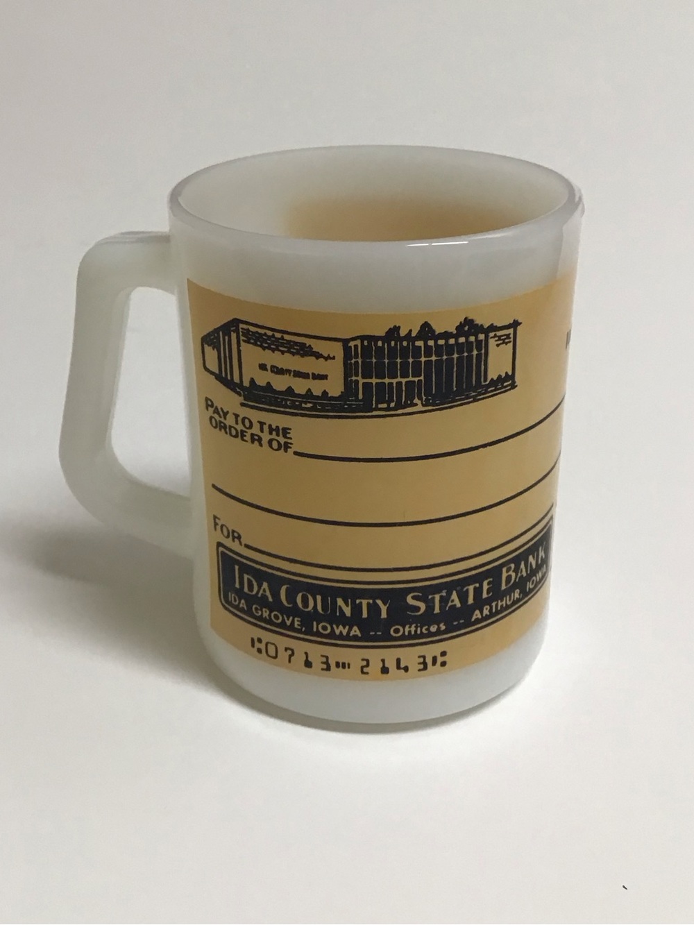 Fire King Coffee Mug Milk Glass Ida County State Bank Blank Check US Vintage NEW